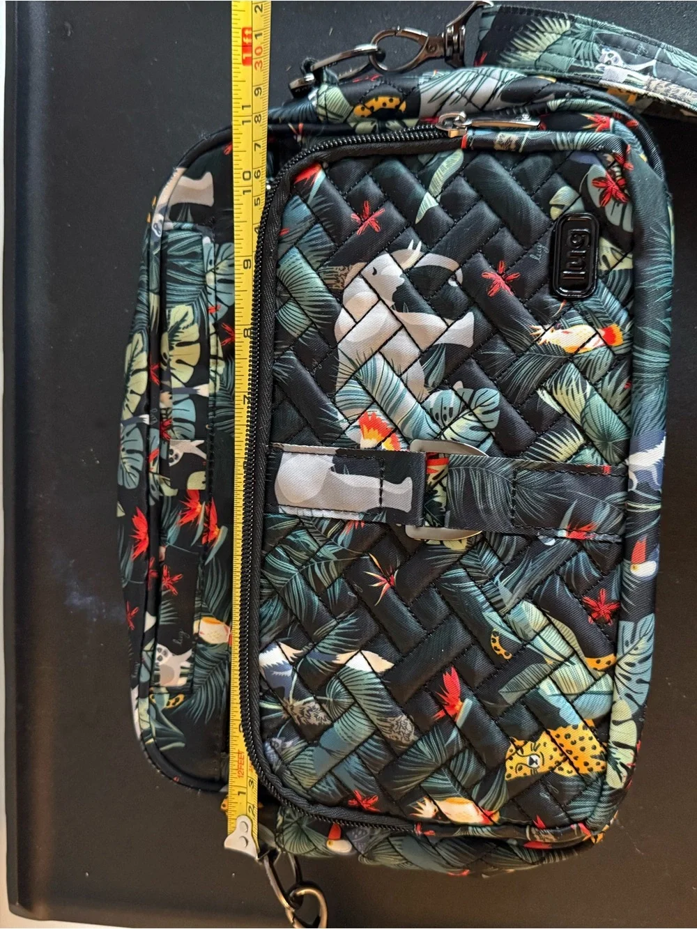 lug Quilted Crossbody Bag in Black with Green and Red Tropical Print